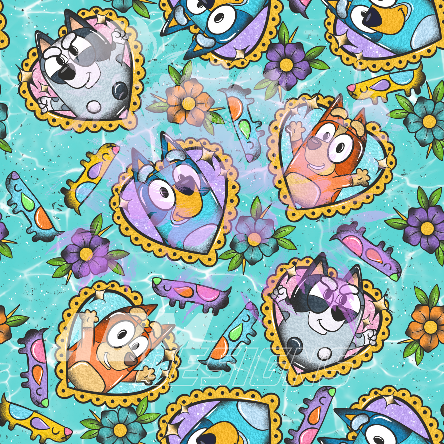 Dogs Tattoo Hearts - Blue Water Blanket